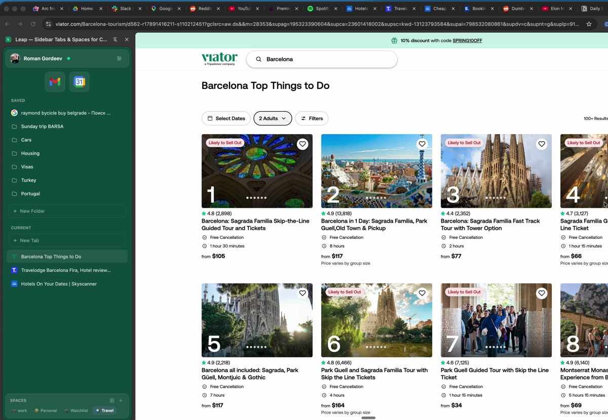 Vertical tab sidebar in Leap with nested folders and pinned sites